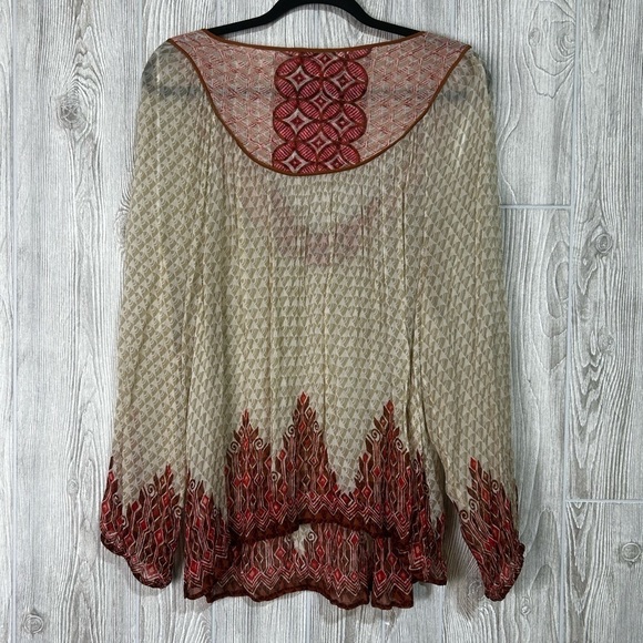 Lucky Brand Boho Peasant Sheer Avalon Deco Border Long Sleeve Blouse Top Size 3X - Picture 10 of 14